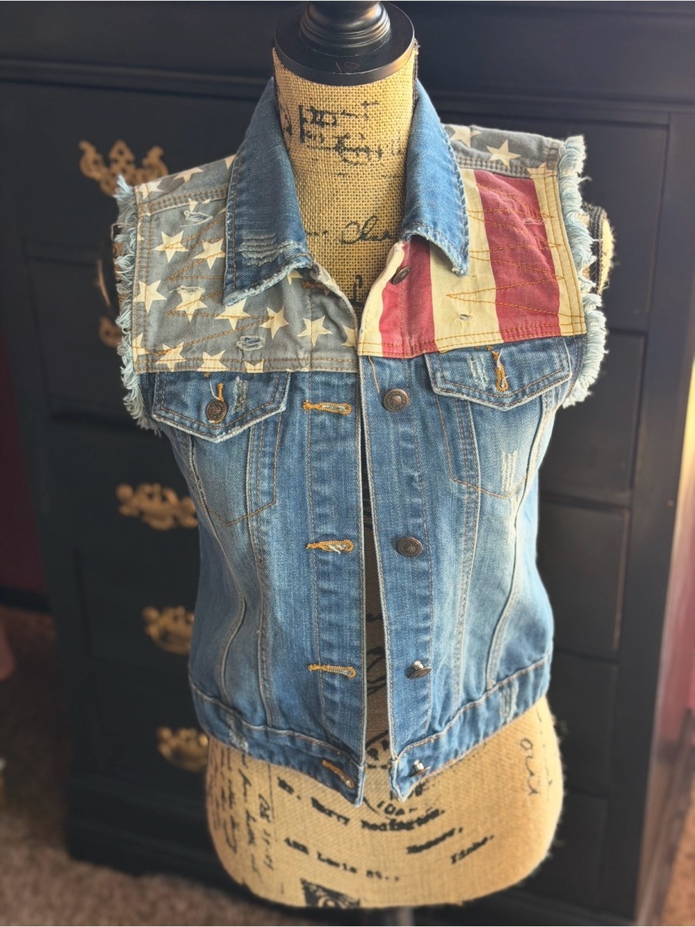 Papaya Americana Flag Distressed Denim Vest Medium Y2K Western USA